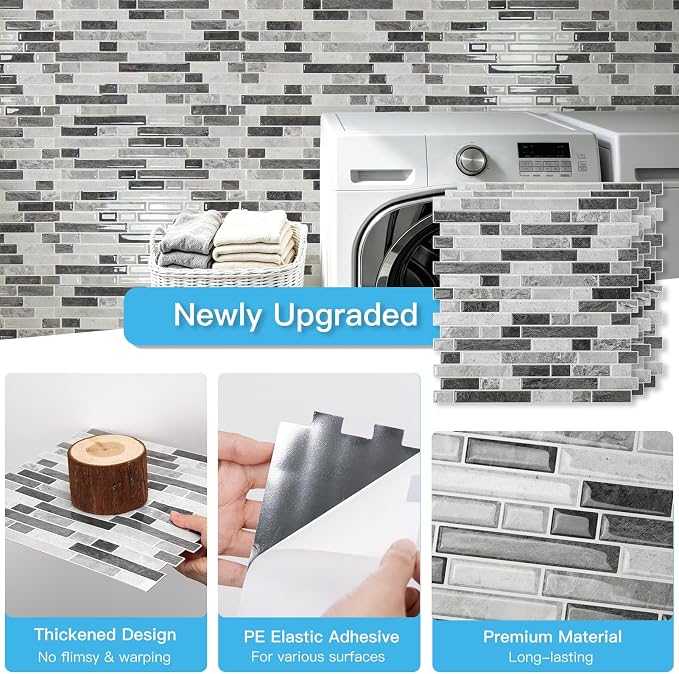 Art3d Linear Tile Peel and Stick Backsplash, 10-Sheet, Multi-Tone Gray | 12 x 12 Inch, Enhanced Thickness, Warp Resistant, Strong Adhesion, Sturdy, for Kitchen, Bedroom, Ideal for Home Improvement
