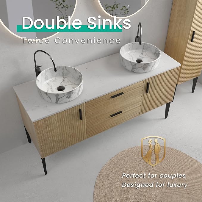 60" Double Bathroom Vanity with Sink Combo, Mid-Century Modern Bath Cabinet with Carrara Marble Finish Sink, 2 Doors & 2 Drawers, Large Storage for Bar, Hotel, Apartment, Natural Oak