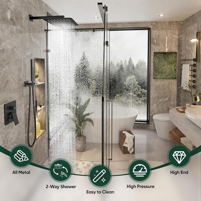 Gabrylly Rain Shower Head with Handheld Spray Combo, 10", Matte Black | All Metal Shower System, High Pressure Rainfall Shower Faucet Set, Solid Brass Shower Valve Complete Shower Set for Bathroom