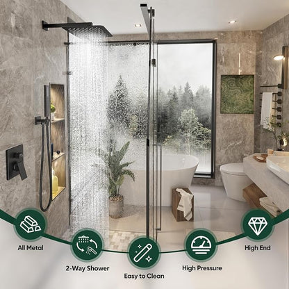 Gabrylly Rain Shower Head with Handheld Spray Combo, 10", Matte Black | All Metal Shower System, High Pressure Rainfall Shower Faucet Set, Solid Brass Shower Valve Complete Shower Set for Bathroom