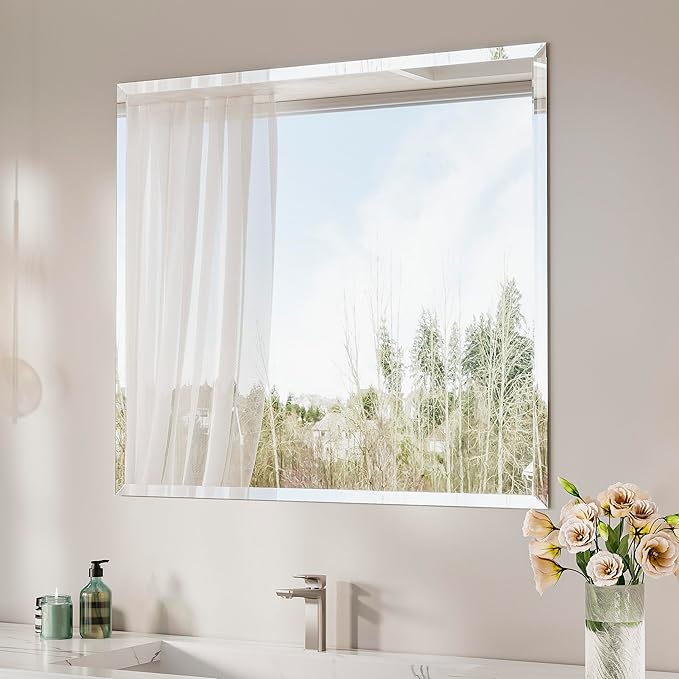 Keonjinn 42 x 36 Inch Bathroom Mirror with Beveled Edge, Frameless Mirrors for Over Sink, Rectangle Wall Mirror Shatterproof, Modern Decorative for Living Room, Entryway, Bedroom, Horizontal/Vertical