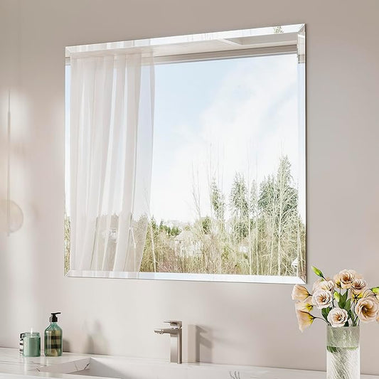 Keonjinn 42 x 36 Inch Bathroom Mirror with Beveled Edge, Frameless Mirrors for Over Sink, Rectangle Wall Mirror Shatterproof, Modern Decorative for Living Room, Entryway, Bedroom, Horizontal/Vertical