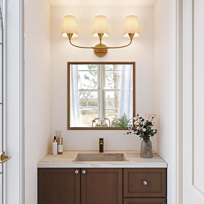 Morauroral Bathroom Light Fixtures, 3 Light Gold Vanity Light for Bathroom, Modern Sconce Wall Light with Scalloped Linen Fabric Shade, Rustic Vanity Light Fixtures for Mirror, Living Room(ETL Listed)