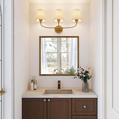 Morauroral Bathroom Light Fixtures, 3 Light Gold Vanity Light for Bathroom, Modern Sconce Wall Light with Scalloped Linen Fabric Shade, Rustic Vanity Light Fixtures for Mirror, Living Room(ETL Listed)