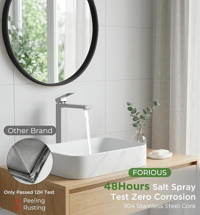 FORIOUS Vessel Sink Faucet Single Hole, Brushed Nickel Tall Bathroom Faucet | Modern Tall Single Handle Space Saving Design, with Pop up Drain for Basin Bowl Vanity Lavatory Residential/Commercial Use