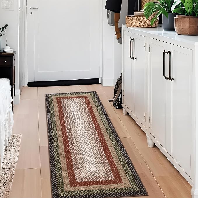 Imitation Braided Collection-Print Washable Runner Rug 2x6 Modern Non Slip Kitchen Runner Low Pile Entryway Rug Soft Bathroom Rugs Farmhouse Stain Resistant Carpet for Bedroom Hallway Laundry