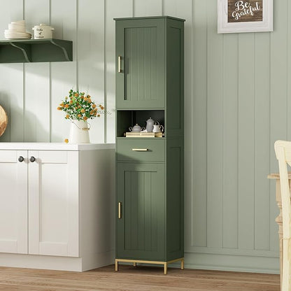 Homhedy 67" H Bathroom Storage Cabinet, Tall Bathroom Cabinet, Green | Narrow Cabinet with Doors and Drawer, Adjustable Shelves, Floor Cabinet for Bathroom, Living Room, Kitchen, Dining Room