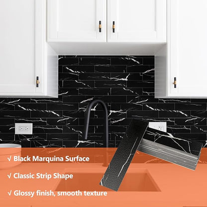 80-Piece Black Marquina Peel and Stick Backsplash Tile, 2"x 8" PVC Subway Tiles, Stick on Backsplash for Kitchen/Bathroom/Fireplace