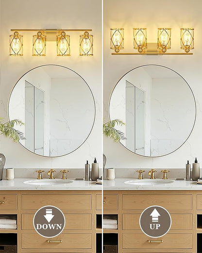 4-Light Brushed Gold Bathroom Light Fixtures, 29 Inch Modern Bathroom Vanity Lighting Fixtures Over Mirror with Clear Glass and Metal Cage Wall Sconce Lights for Bath, E26, CH9176BG-4W