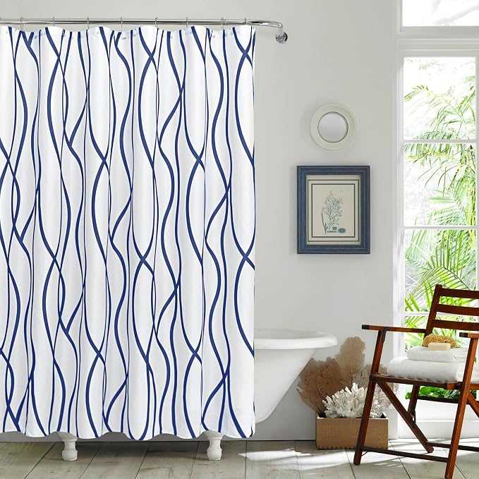 Fabric Modern Extra Long Shower Curtains for Bathroom-Navy and White | 72"W x 84"L Textured Faux Linen Luxury Hotel Quality Washable-Abstract Wavy Cloth Bath Curtain-Apartment Minimalist Decor