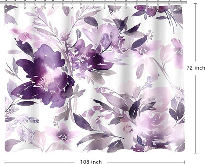 MAYZUS Extra Wide Flower Shower Curtain 108 x 72 for Claw Foot Tub, Purple | Lavender Modern Watercolor Floral 108 inch Long Shower Curtain Set with 18 Pack Plastic C-Hooks