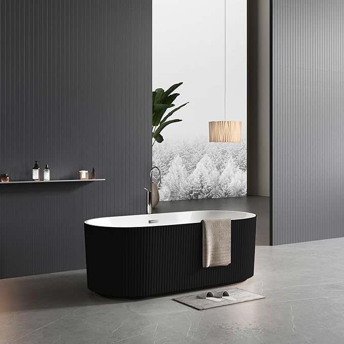 67" Freestanding Bathtub, Acrylic Soaking Tub with V Shape Pleated Design, Chrome Drain & Classic Slotted Overflow, CUPC Certified, Black and White for Modern Bathroom