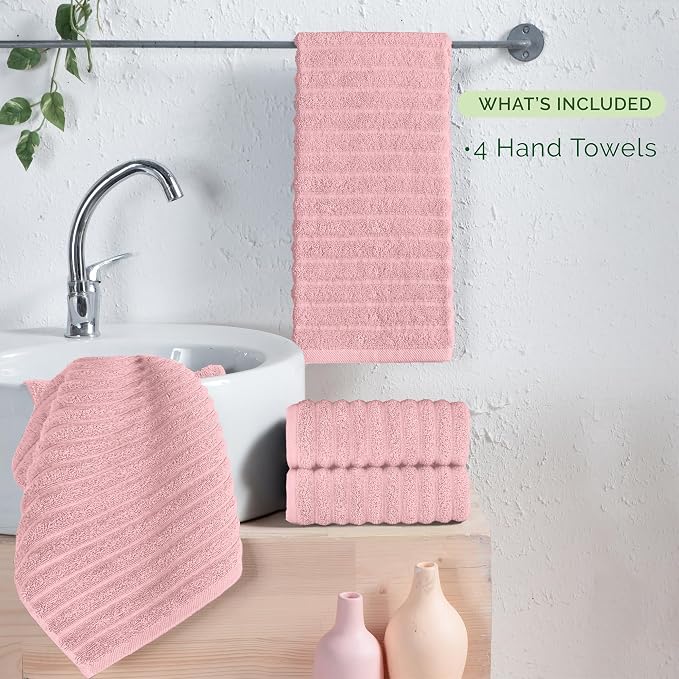Elegant Comfort Luxury 100% Turkish Cotton Corduroy Ribbed 4 Pack Hand Towel Set 16 x 28 Inch - Absorbent, Super Soft, Quick Dry, Premium Towels for Bathroom, Gym, Spa and Hotel Use, Dusty Rose