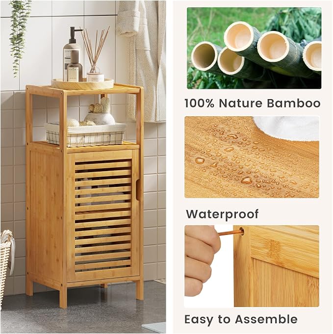 VIAGDO Bamboo Cabinet, Bathroom Storage Cabinet with Single Door and Shelf, Freestanding Bathroom Cabinet, Kitchen Cupboard, Sofa Side Table for Living Room/Hallway/Kitchen