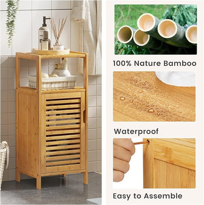 VIAGDO Bamboo Cabinet, Bathroom Storage Cabinet with Single Door and Shelf, Freestanding Bathroom Cabinet, Kitchen Cupboard, Sofa Side Table for Living Room/Hallway/Kitchen