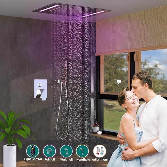 LED Spa Shower System Rainfall Waterfall with Handheld, Chrome | 20x14-Inch Luxury 2 Modes Showerhead with Ligh t Remote Control, 3 Way Mixer Valve