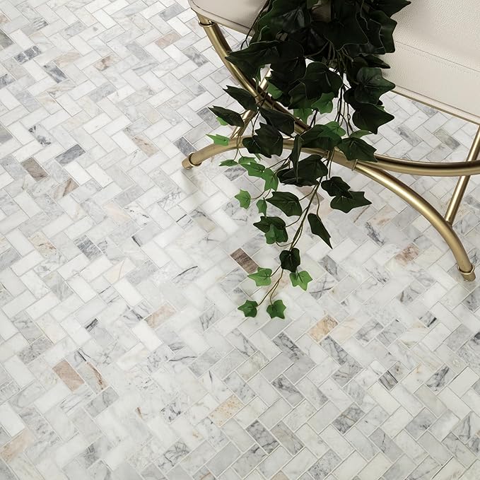 MSI Arabescato Venato White 1 in. x 2 in. Herringbone Honed Marble Mesh Mounted Mosaic Tile for Bathroom, Kitchen Backsplash, Accent Wall Tile, and Shower Wall Tile
