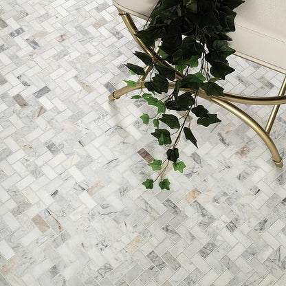 MSI Arabescato Venato White 1 in. x 2 in. Herringbone Honed Marble Mesh Mounted Mosaic Tile for Bathroom, Kitchen Backsplash, Accent Wall Tile, and Shower Wall Tile