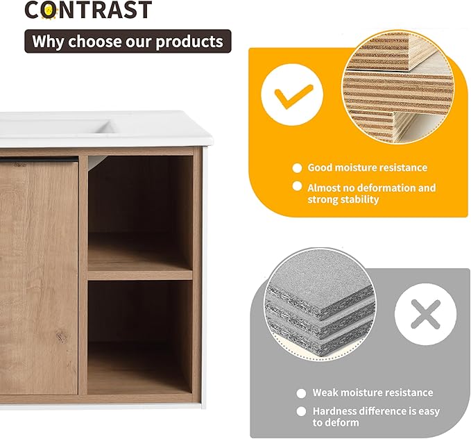 30 Inch Bathroom Vanity with Sink, 30" Single Sink Wall Mounted Bathroom Vanities with Open Storage Space and Ceramic Basin Top, Modern Bath Storage Cabinet Set for Small Space, Imitative Oak