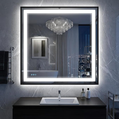 Antok 36X36 LED Bathroom Mirror with Lights, Vanity Mirror for Wall with Black Frame, Touch Control, Anti-Fog, Dimmable Lights, Shatter-Proof, Memory Function, Wall-Mounted Vanity Mirrors