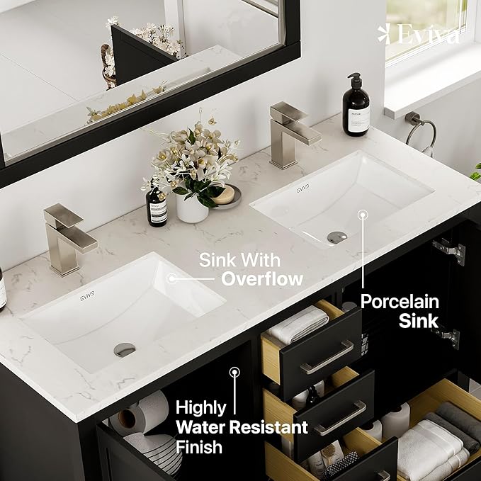 Eviva London 48 x 18 inch Espresso Transitional Double Sink Bathroom Vanity with White Carrara Quartz Countertop and Undermount Porcelain Sinks