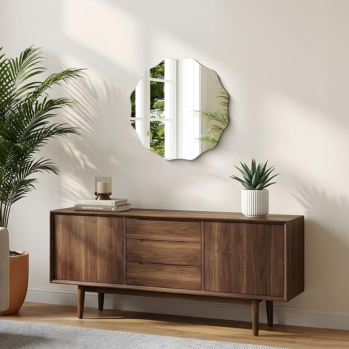 CILIBER Wavy Mirror for Wall, 20'' Scalloped Frameless Round Mirror, 3mm Tempered Glass Decorative Bathroom Vanity Mirror, Mounting/Leaning for Mantel, Living Room, Bedroom and Entryway