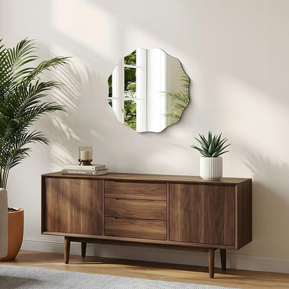 CILIBER Wavy Mirror for Wall, 20'' Scalloped Frameless Round Mirror, 3mm Tempered Glass Decorative Bathroom Vanity Mirror, Mounting/Leaning for Mantel, Living Room, Bedroom and Entryway
