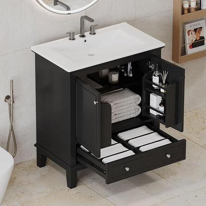 30" Bathroom Vanity Cabinet with Undermount Sink, Storage Rack Shelf, Multi-Functional Drawer Divider, Soft Closing Doors, Black