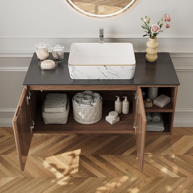 36" Modern Floating Bathroom Vanity with Single Sink - Wall Mounted Storage Bathroom Cabinet with Black Sintered Stone Countertop| Large Storage Space & Open Shelves, Dark Wood
