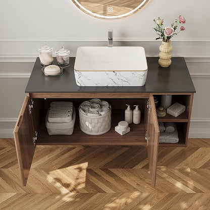 36" Modern Floating Bathroom Vanity with Single Sink - Wall Mounted Storage Bathroom Cabinet with Black Sintered Stone Countertop| Large Storage Space & Open Shelves, Dark Wood