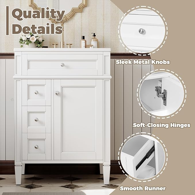 Merax 24 Inch Bathroom Vanity with Ceramic Sink, Solid Wood Frame Modern Bathroom Sink Storage Cabinet with 2 Drawers and a Tip-Out Drawer, Single Sink Bathroom Vanities, White