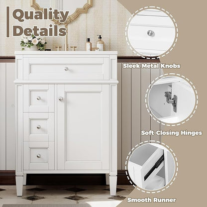 Merax 24 Inch Bathroom Vanity with Ceramic Sink, Solid Wood Frame Modern Bathroom Sink Storage Cabinet with 2 Drawers and a Tip-Out Drawer, Single Sink Bathroom Vanities, White