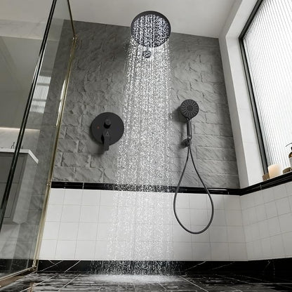 Shower Faucet Set 10IN Brass Rough-In Valve Body Trim Kit Rainfall Included Handle Accessories Complete 2 Functions with Rain Head and Handheld Bathroom Systems (10'', Matte Black)