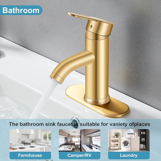 Brushed Gold Bathroom Faucet, Single Handle Sink Faucet, 1 Hole or 3 Hole, Bathroom Vanity Faucet, with Pop-up Drain and Deck