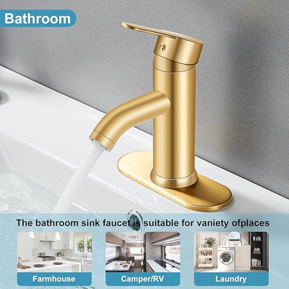 Brushed Gold Bathroom Faucet, Single Handle Sink Faucet, 1 Hole or 3 Hole, Bathroom Vanity Faucet, with Pop-up Drain and Deck