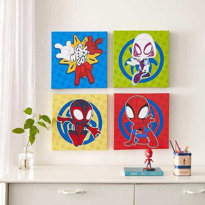 Idea Nuova Spidey and His Amazing Friends 4 Pack Square Canvas Wall Art Set, 11"x11" each for Bedroom