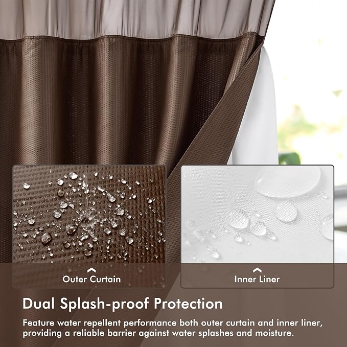 No Hook Shower Curtain with Snap-in Liner, Embossed Waffle Design Fabric Shower Curtain for Bathroom, Soft & Lightweight, 71x74, Chocolate