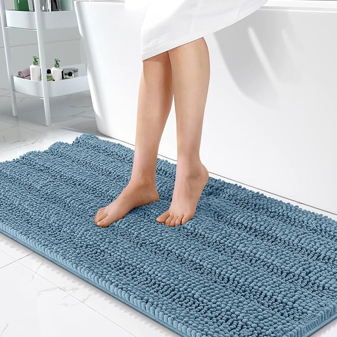 OLANLY Thick Bathroom Runner Rugs 47x24, Soft Chenille Bath Rugs, Airy Blue | Absorbent Striped, Rubber Backing, Machine Wash, Long Bath Mats for Bathroom Floor, Tub and Shower, Home Decor Accessories