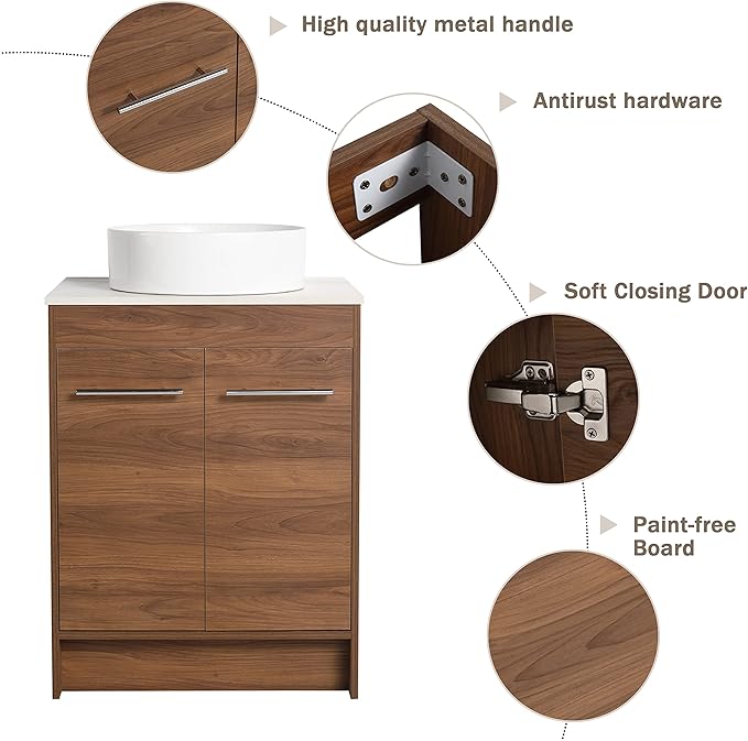 24" Bathroom Vanity, 24 Inch Freestanding Vanity with Ceramic Vessel Sink, Modern Single Sink Bathroom Vanity Combo, Brown Floor Stand Storage Cabinet Set(BRE400, 24 * 18)