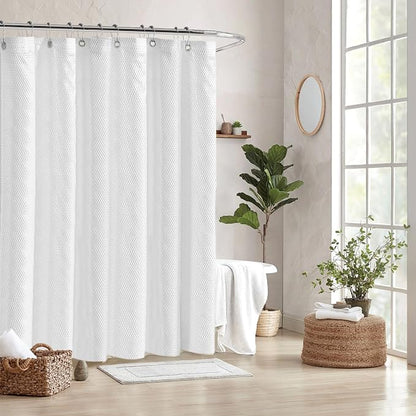 Tititex Solid White Cloth Fabric Shower Curtain Liner with 2 Magnets - Texture Pressure Bubble Soft Hotel Quality Waterproof Shower Liner, Light-Weight & Machine Washable 72x74 inch