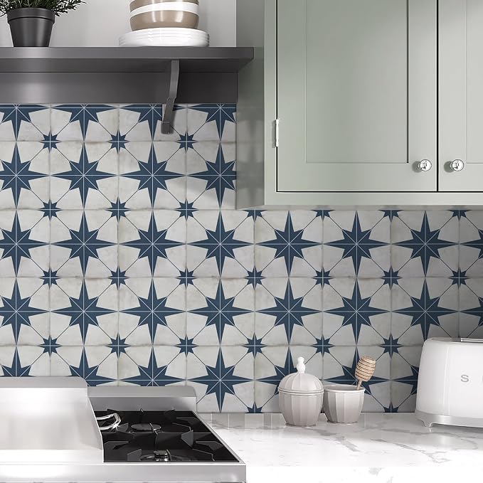 The Tiles Plaza Encaustic Peel and Stick Backsplash, Blue Star Patterned Vintage Stick on Tiles, Stone Composite Self-Adhesive Wall Tile Sticker for Kitchen Bathroom Fireplace Stairs, 10 Sheets