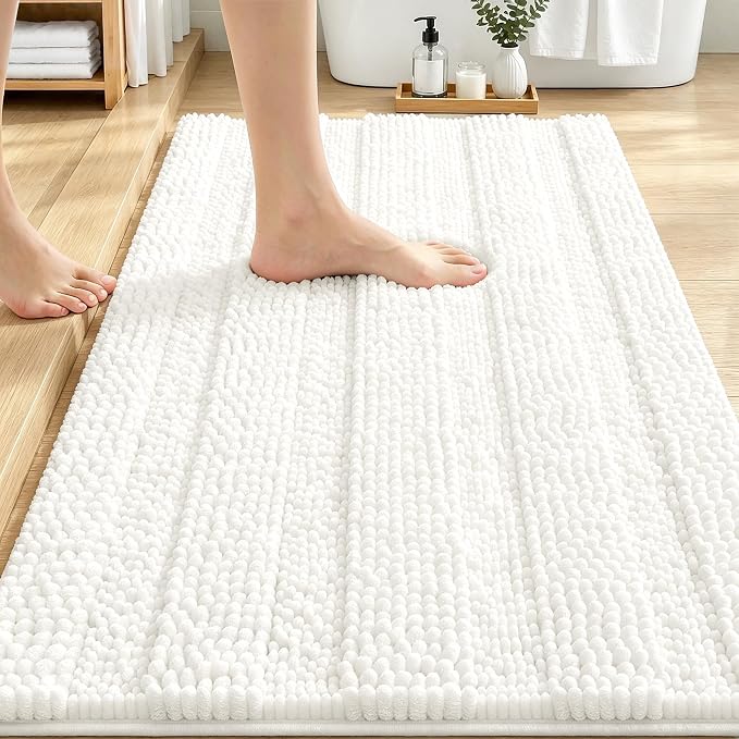 OLANLY Thick Bathroom Rugs 30x20, Soft Chenille Striped Bath Rugs, Ivory | Rubber Backing, Machine Wash, Extra Absorbent Bath Mats for Bathroom Floor, Tub and Shower, Home Decor Accessories