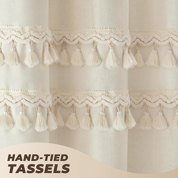 Linen Shower Curtain Boho Beige Shower Curtain with 3 Tassels 72"W x 72"L | Thick linen-poly blend, three handcrafted fringe accents, soft drape, neutral rustic styling for bathroom decor