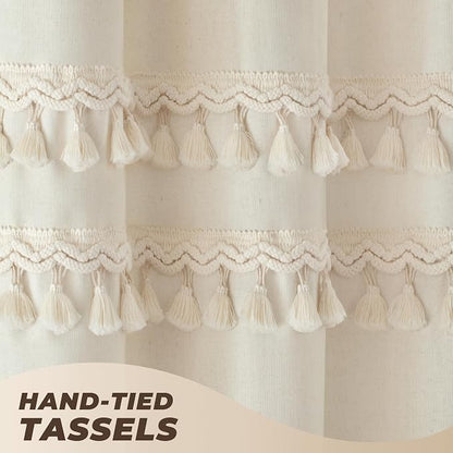 Linen Shower Curtain Boho Beige Shower Curtain with 3 Tassels 72"W x 72"L | Thick linen-poly blend, three handcrafted fringe accents, soft drape, neutral rustic styling for bathroom decor