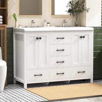 48 Inch Bathroom Vanity with Sink, White Bathroom Vanity Cabinet with Doulble Sink, Bath Vanities with 4 Doors and 5 Drawers, 20" D x 48" W x 36" H