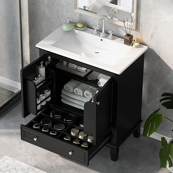 LUMISOL 30" Bathroom Vanity with Sink, Solid Wood Black Bathroom Vanity with Drawer and Storage Racks, Adjustable Shelf, Freestanding Bathroom Sink Cabinet with Ceramic Basin, Black