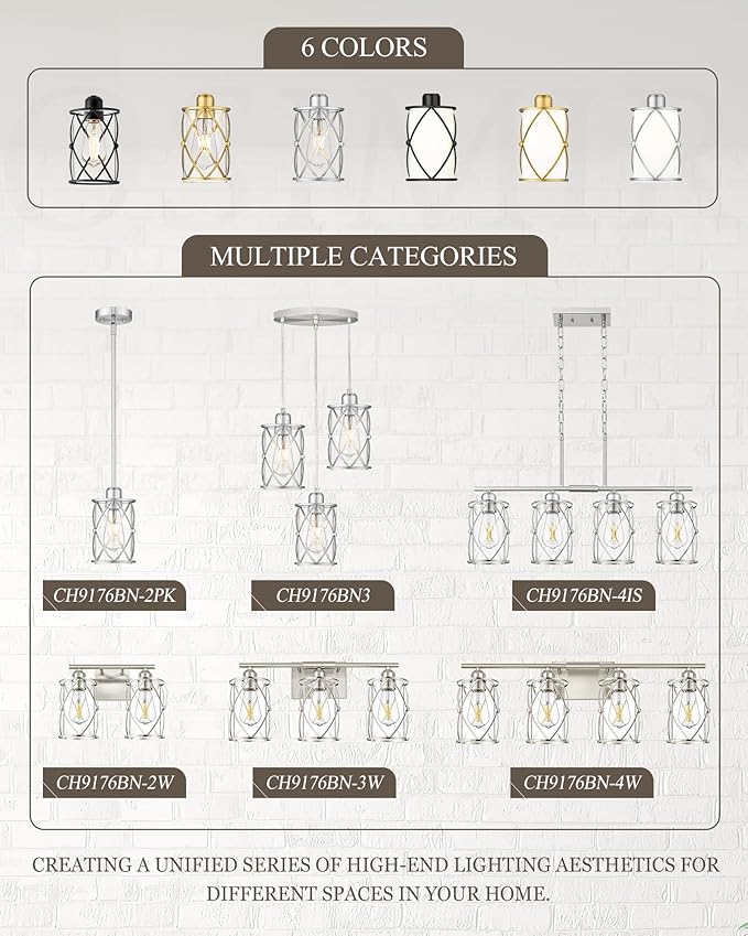3-Light Brushed Nickel Bathroom Light Fixtures, 21 Inch Modern Bathroom Vanity Lighting Fixtures Over Mirror with Clear Glass and Metal Cage Wall Sconce Lights for Bath, E26, CH9176BN-3W