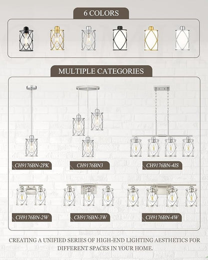 3-Light Brushed Nickel Bathroom Light Fixtures, 21 Inch Modern Bathroom Vanity Lighting Fixtures Over Mirror with Clear Glass and Metal Cage Wall Sconce Lights for Bath, E26, CH9176BN-3W