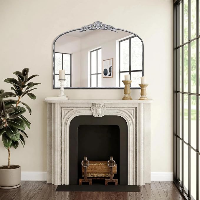 Micasso Vintage Silver Wall Mirror: 40"x29" Baroque Antique Arched Mirror | Traditional Ornate French Decorative Mirror for Bedroom/Bathroom/Fireplace/Entryway/Hallway/Dresser/Vanity/Mantel/Nightstand