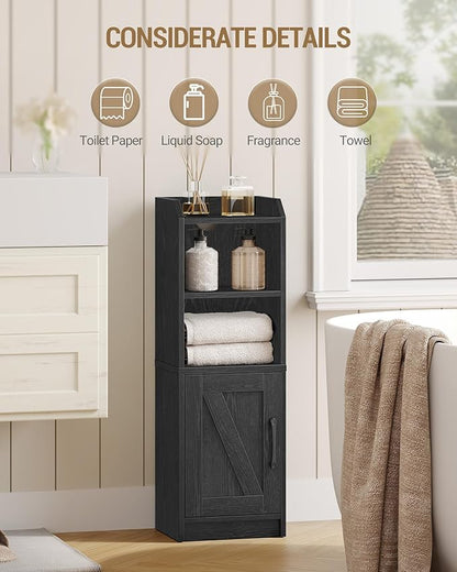 Bathroom Storage Cabinet, Small Farmhouse Corner Floor Cabinet with Door and Shelves, Narrow Toilet Paper Holder Stand, Bathroom Organizer with Adjustable Shelf, for Small Spaces, Black